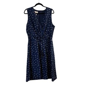 TALBOTS 100% Silk Navy Blue “Minty Bubbles” V Neck Tie Waist Sleeveless Dress 16